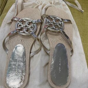 Tory Burch Gold Metallic Logo Espadrille Slide Sandals